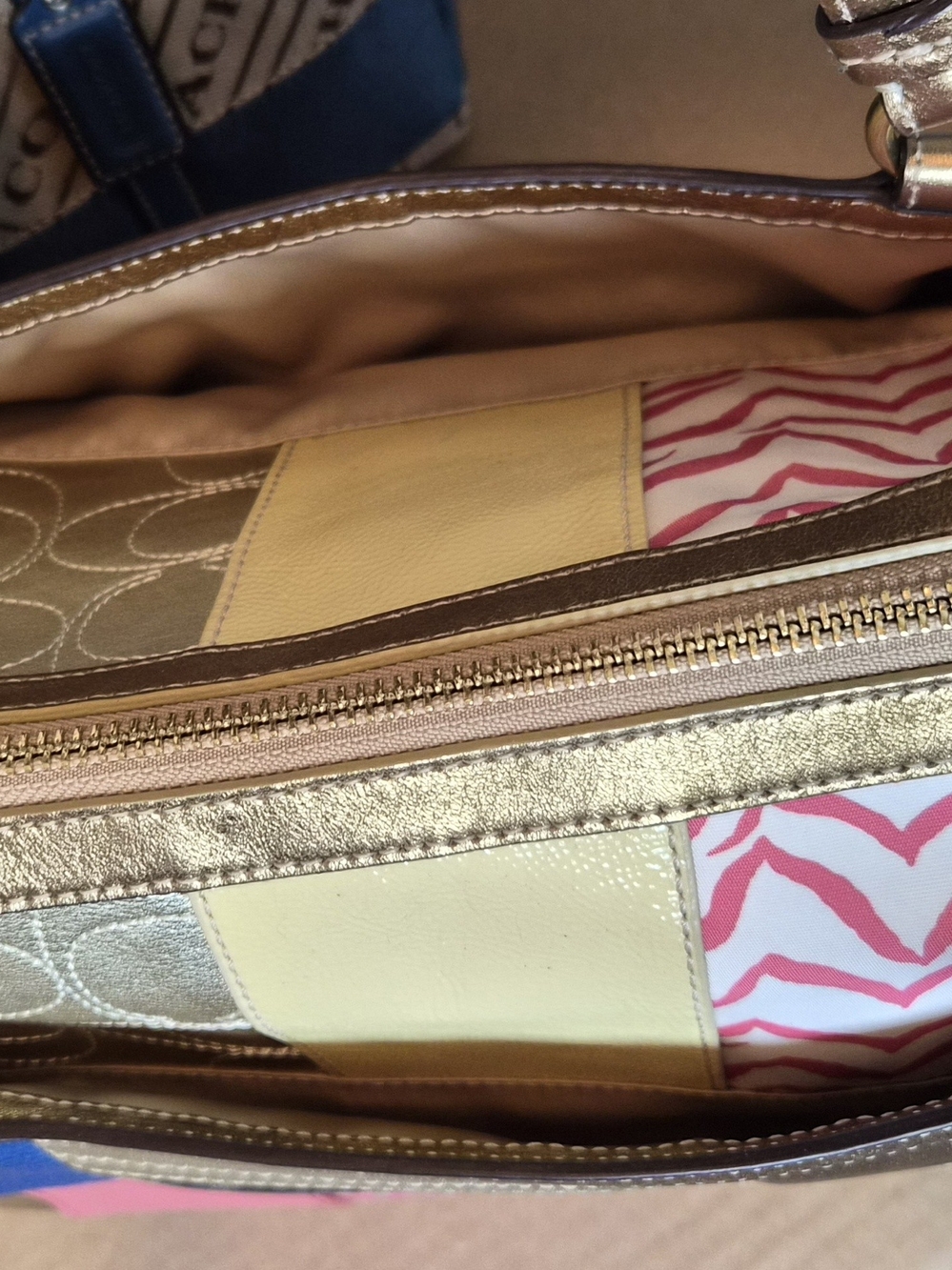 COACH Pink and Gold Patchwork Bowler Satchel Bag EUC F17164 - Picture 6 of 8